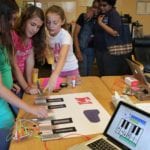 Students make a piano on paper, with aluminum foil, copper tape and a MaKey MaKey kit.