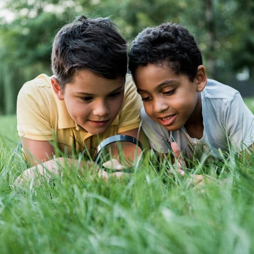 Boys looking through magnifying glass