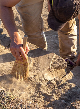 student using brush on sand in archaeology dig