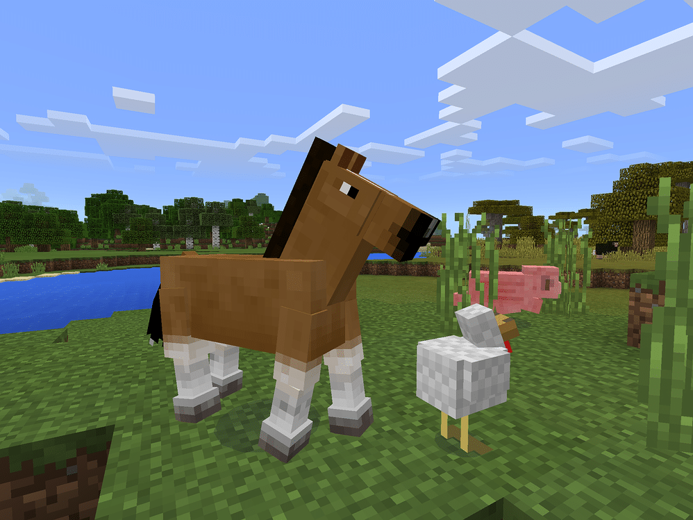 minecraft game with horse and chicken